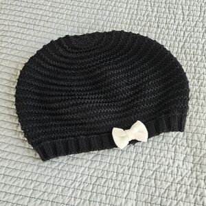 Black Knit Kids Beanie with Cream Bow